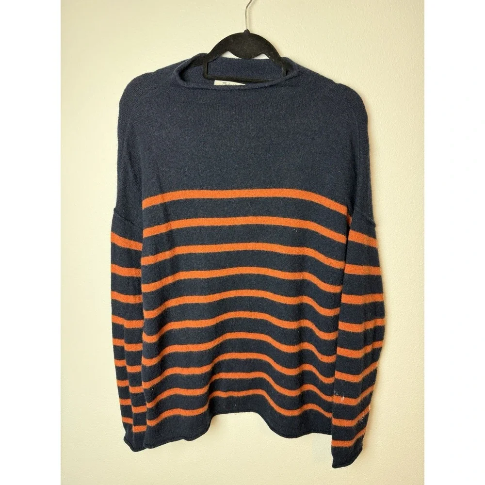 MADEWELL Navy Blue Orange Striped Merino Wool Alpaca Blend Mock Neck‎ Sweater M